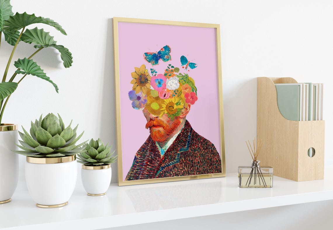 Van Gogh Style Portrait with a Floral Head Collage Art Poster - Image 2