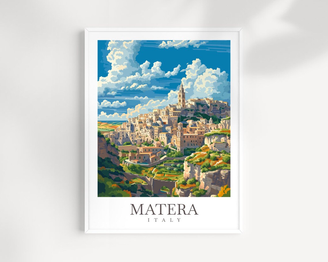 Matera Italy Colorful Hilltop Stone Town Illustration Travel Poster