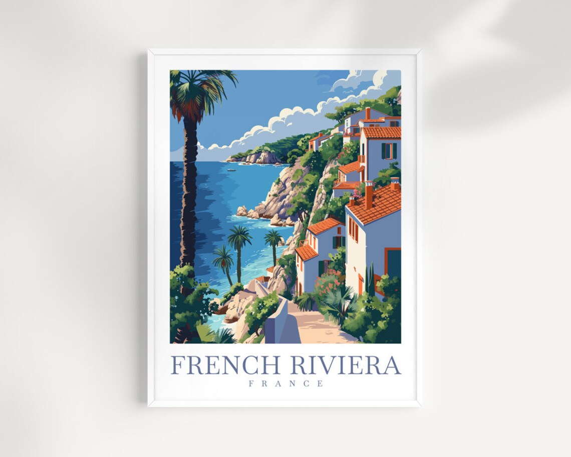 French Riviera France White Villas Rocky Coast Palms Travel Poster