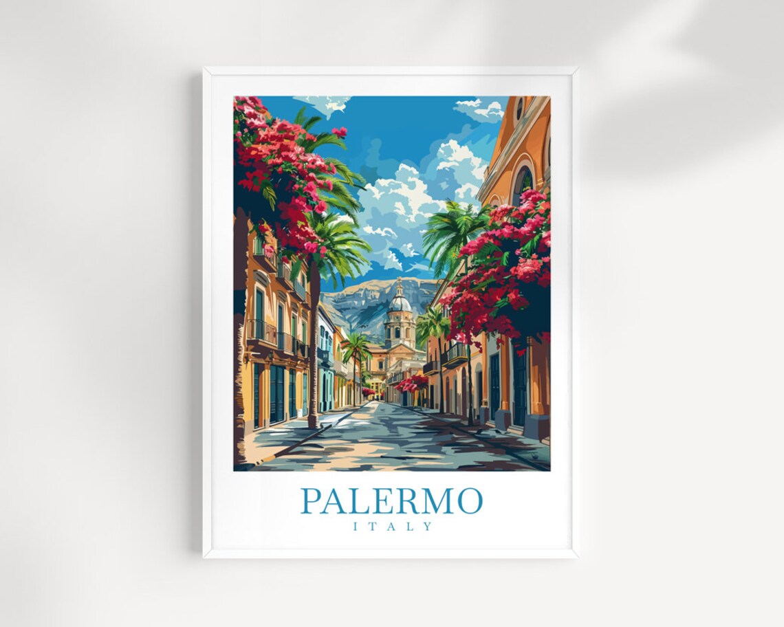 Palermo Italy Street Bougainvillea Palms Domed Church Travel Poster