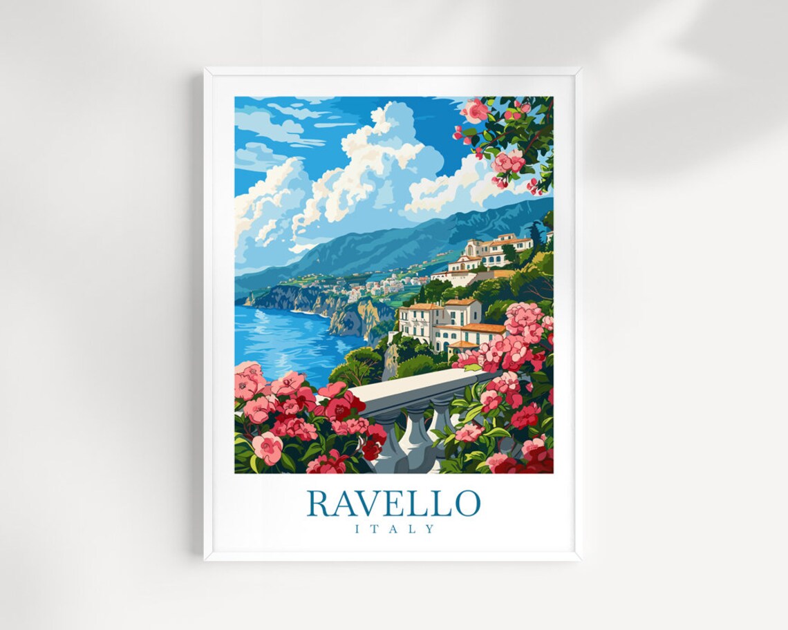 Ravello Italy Terrace Pink Flowers Amalfi Coast Travel Poster