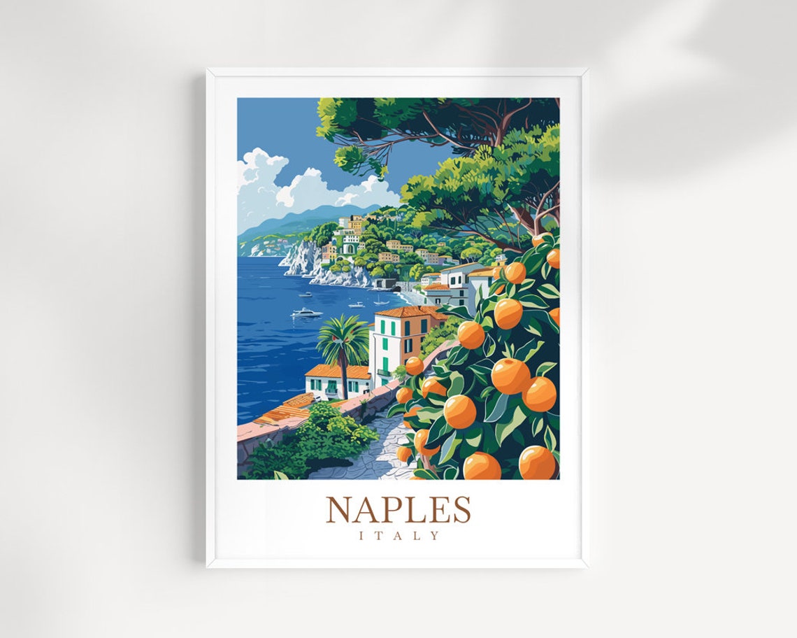 Naples Italy Coastal Cliffs Citrus Grove Illustration Poster
