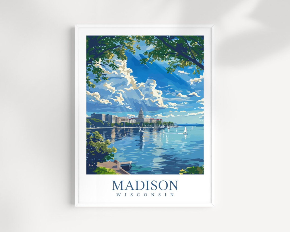 Madison Wisconsin Capitol Lake Skyline Sailboats Travel Poster