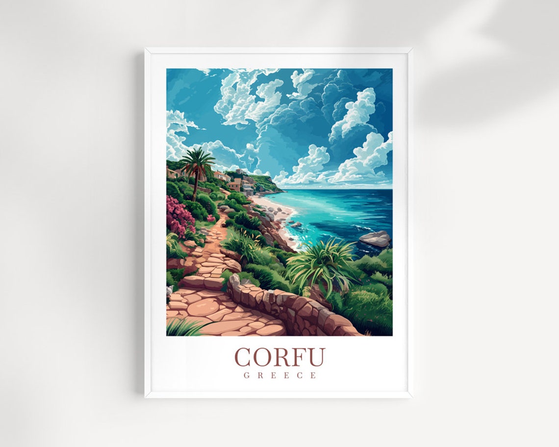 Corfu Greece Sunny Coastal Stone Path Over Turquoise Sea Poster
