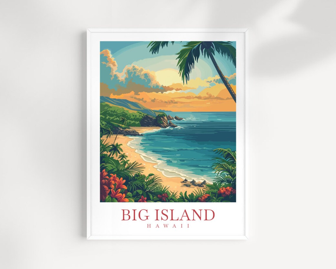 Big Island Hawaii Sandy Cove Sunrise Beach Palm Shade Travel Poster