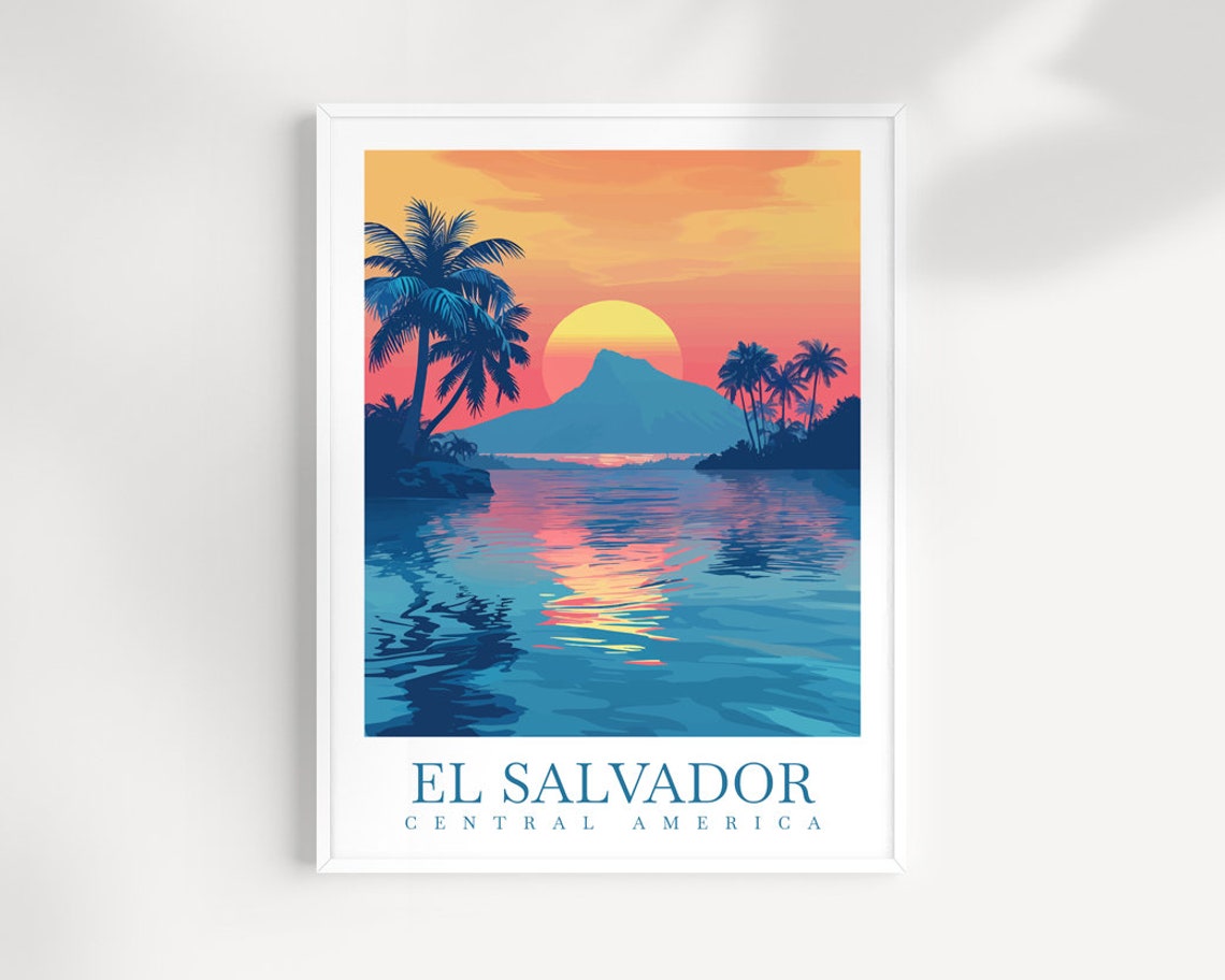 El Salvador Central America Tropical Sunset Palm Beach Poster