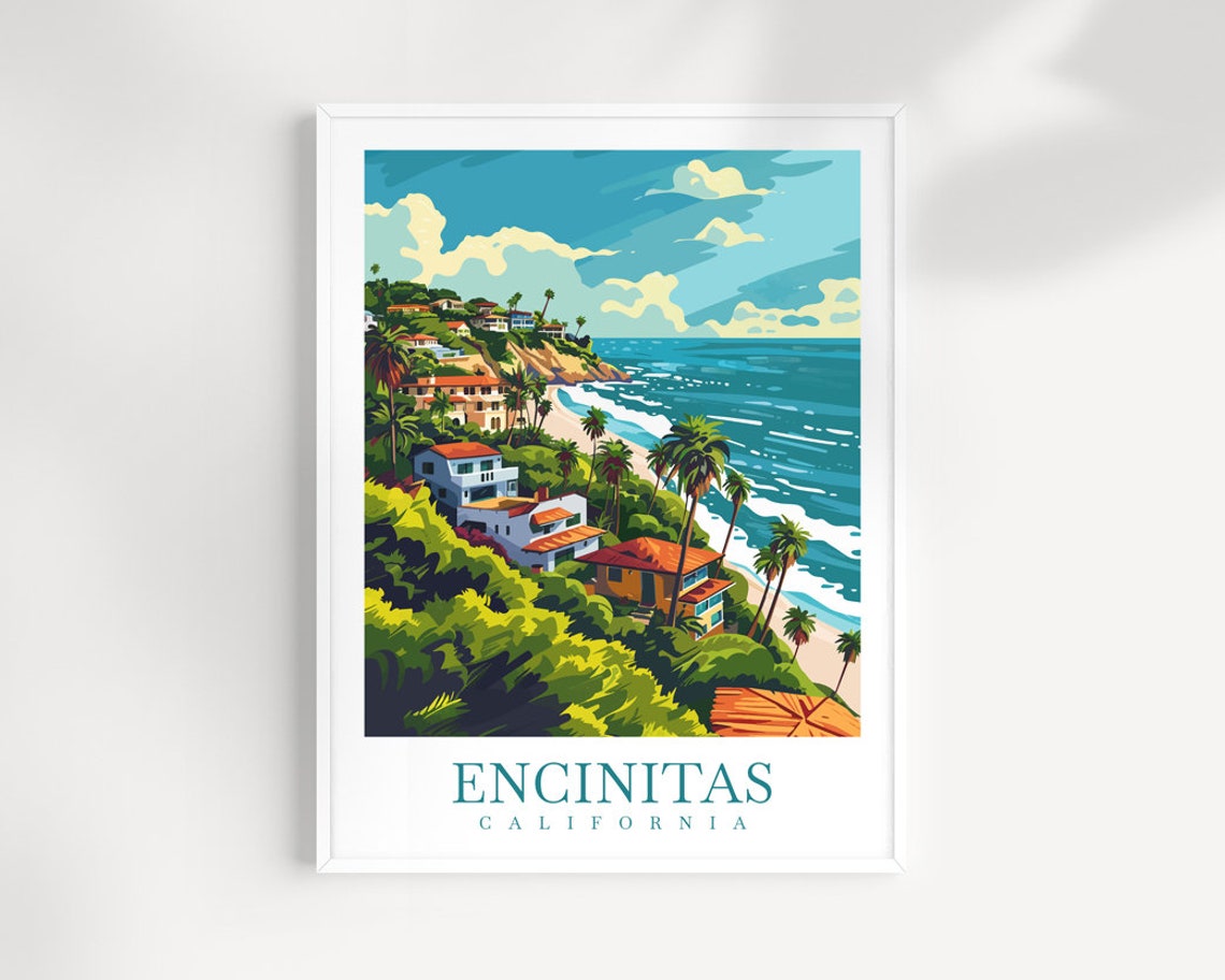 Encinitas California Beach Cliff Houses Palm Trees Surf Travel Poster