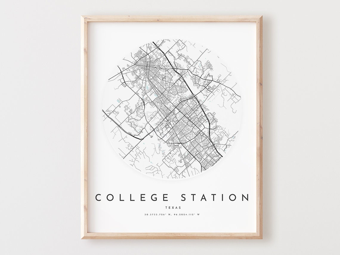 College Station Texas Minimalist Circular City Street Map Poster