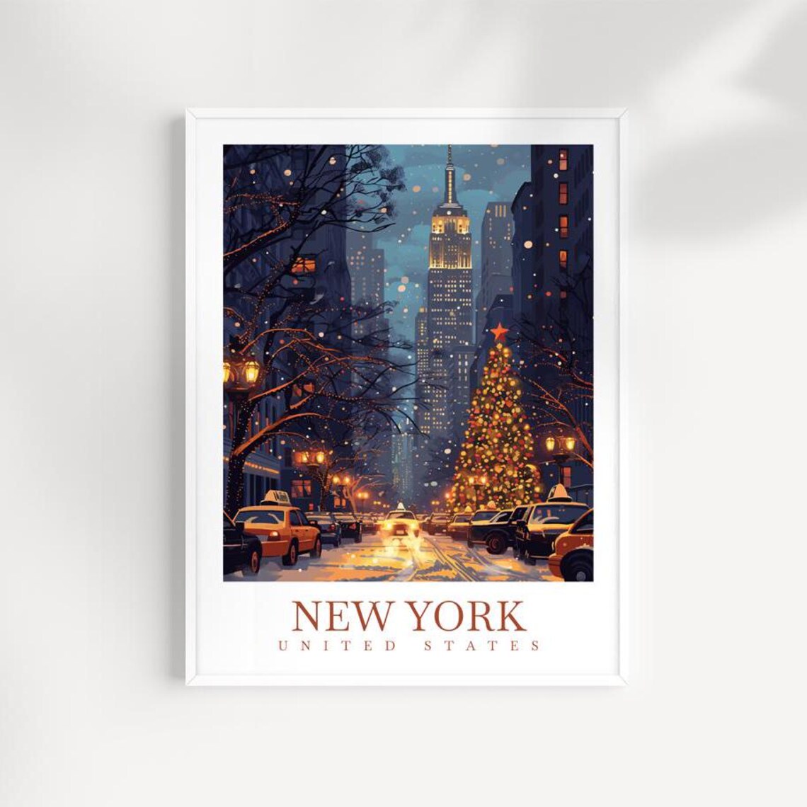 New York Christmas Night Street with Taxis and Tree Travel Poster