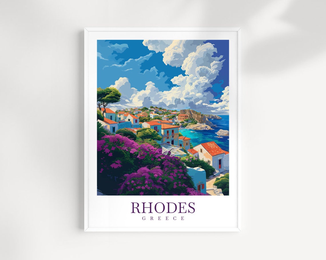 Rhodes Greece Island Village Bougainvillea Seaside Travel Poster