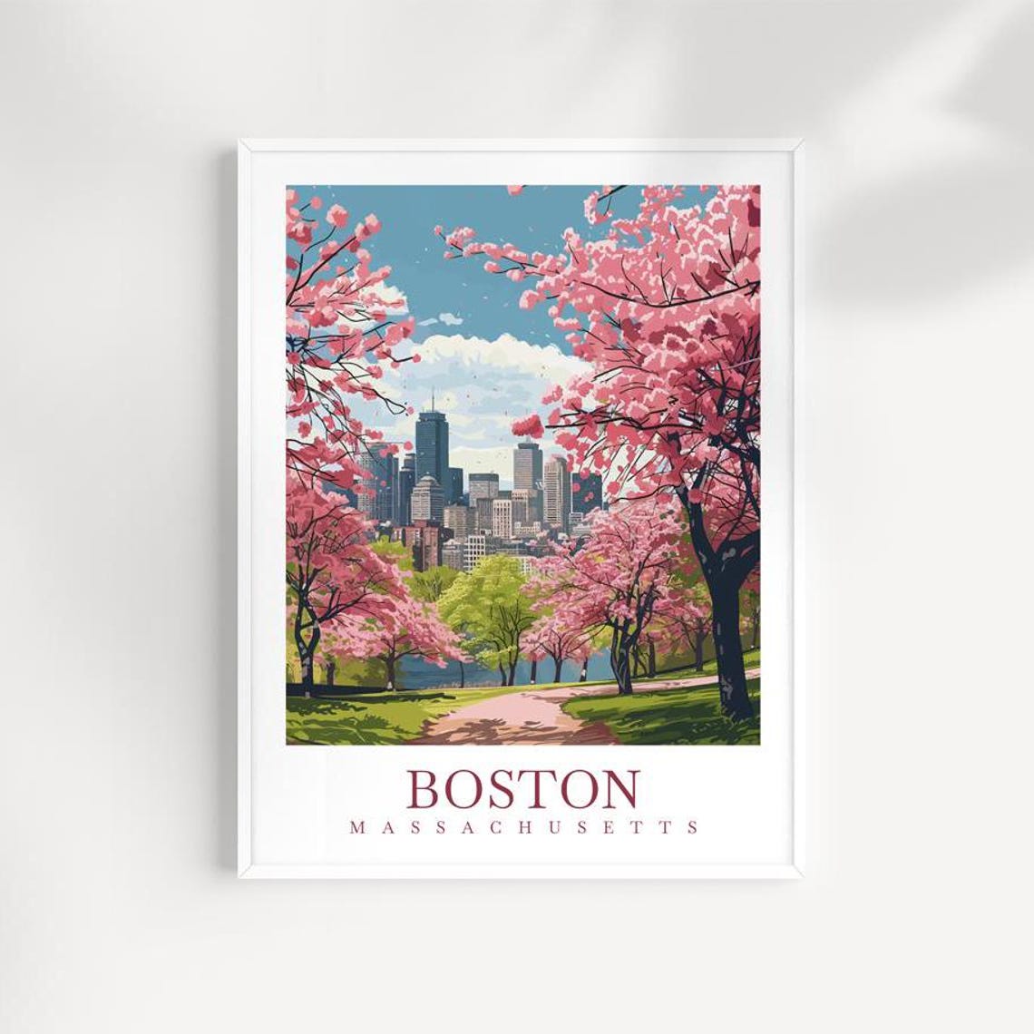 Boston Massachusetts Spring Cherry Blossom Park Skyline Poster