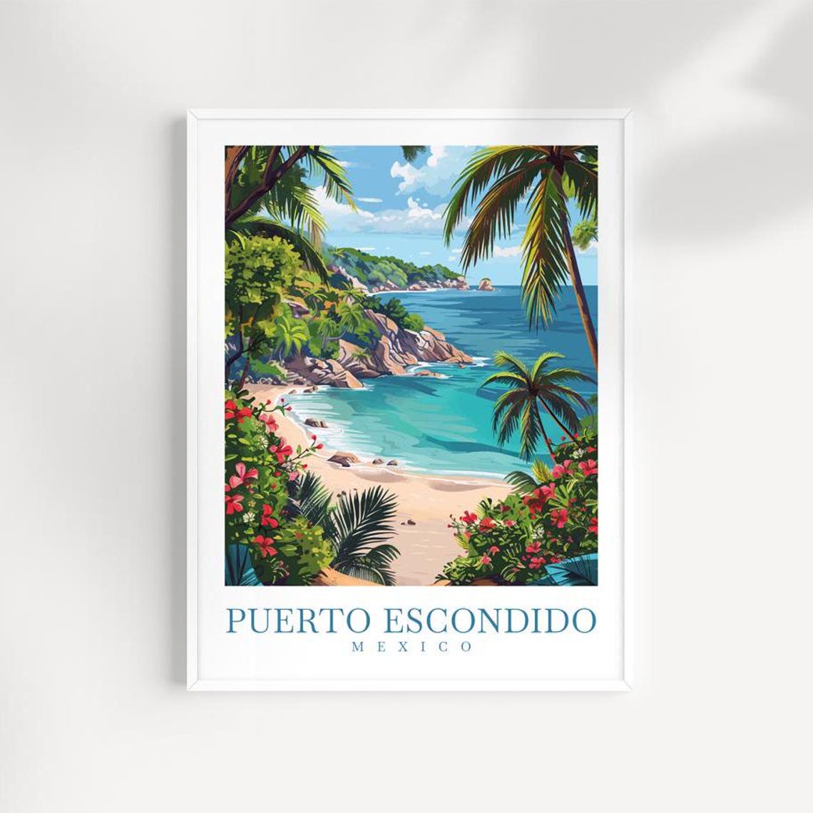 Puerto Escondido Mexico Palm Beach Cove Flowers Travel Poster