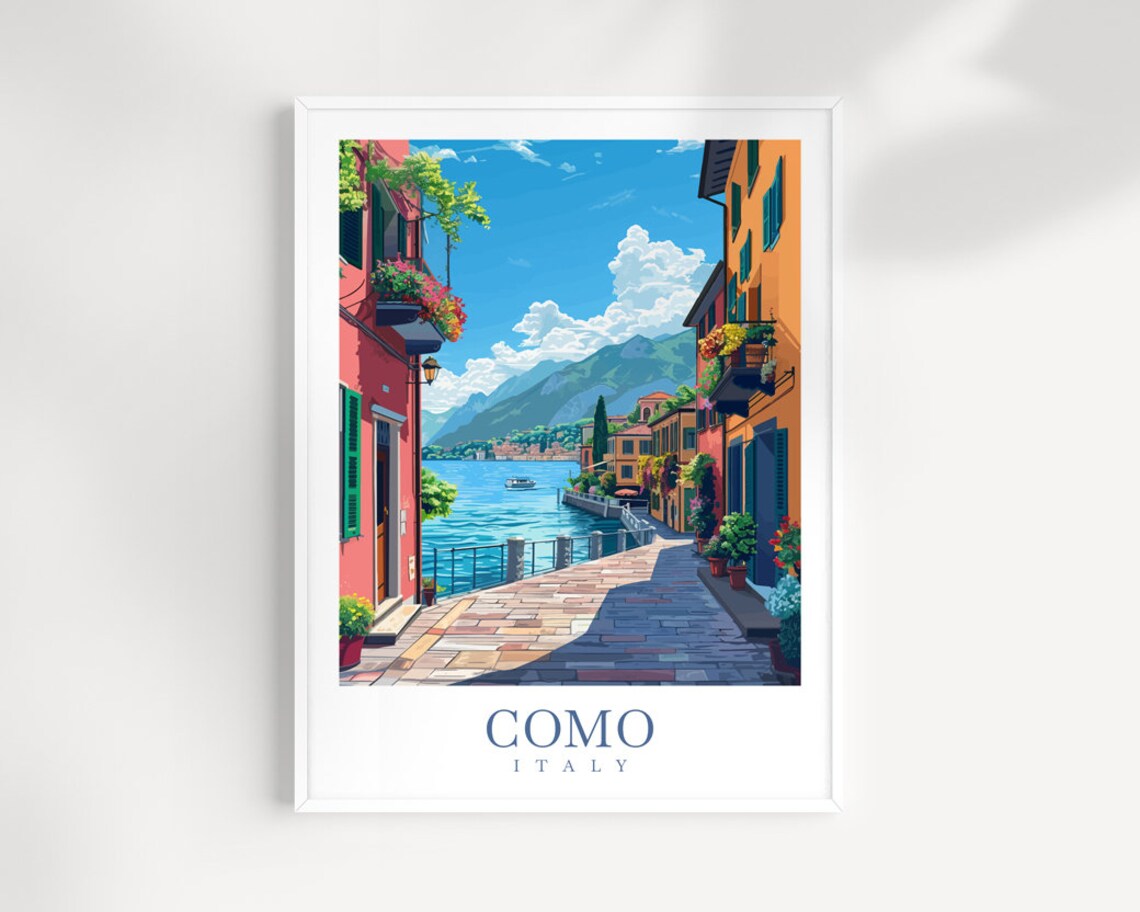 Como Italy Sunny Lakeside Promenade Colorful Houses Travel Poster