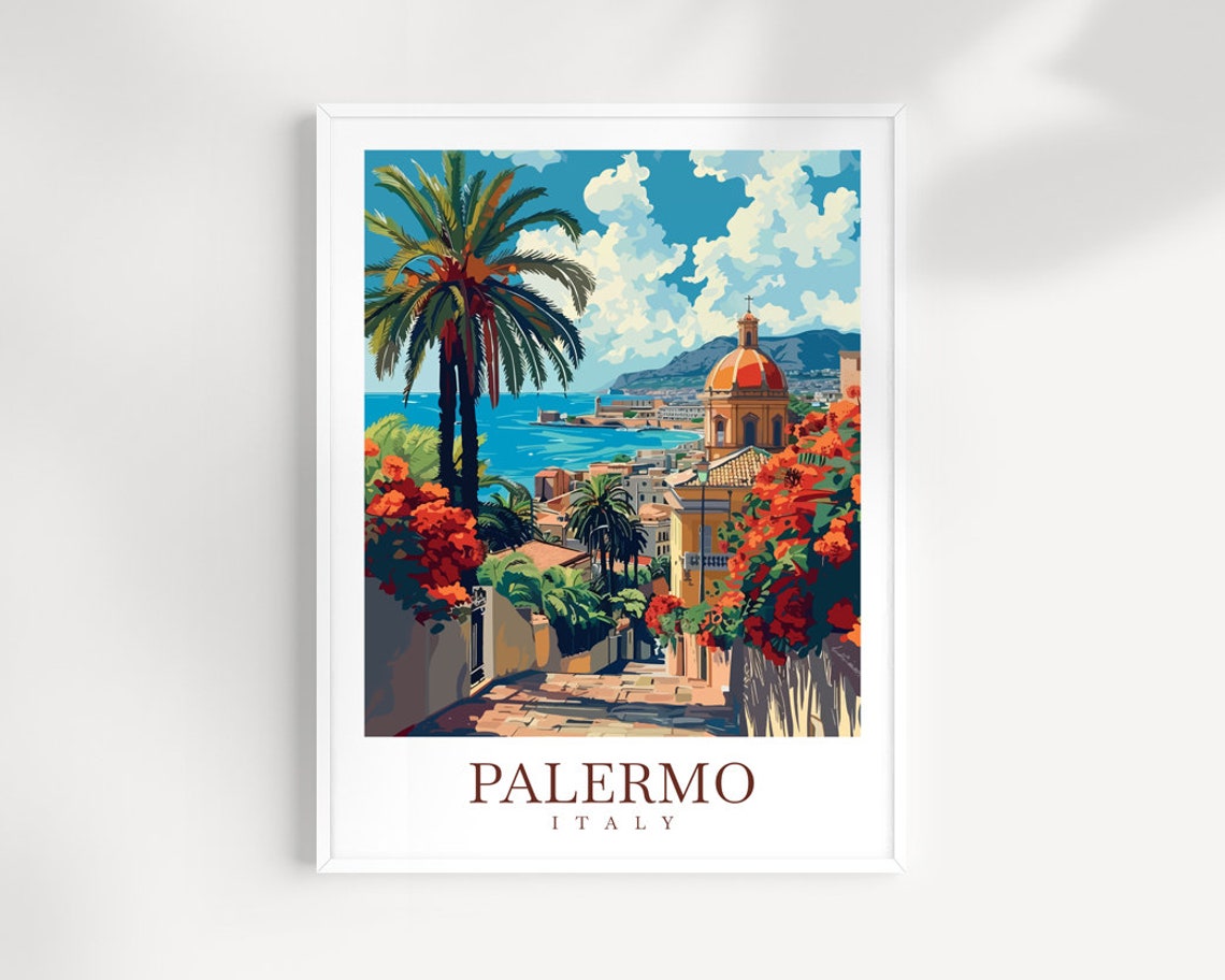 Palermo Italy Seaside Church Palm Steps Sicily Travel Poster