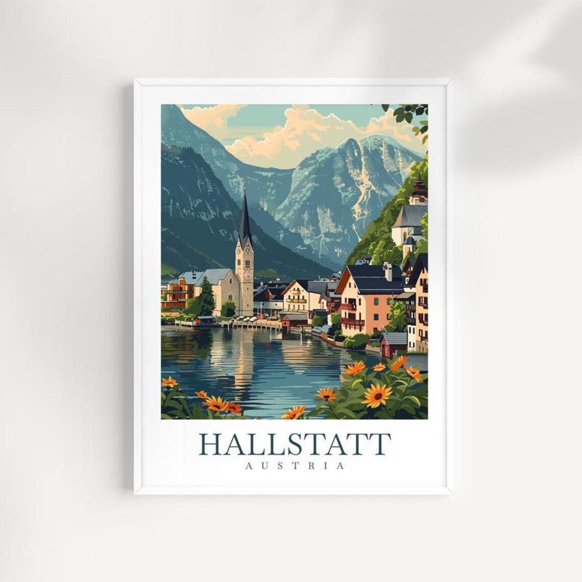 Hallstatt Austria Village Church By The Lake With Sunflowers Poster