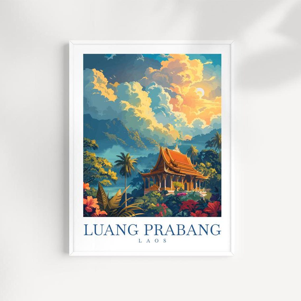 Luang Prabang Laos Temple Jungle Mountain Sunset Travel Poster