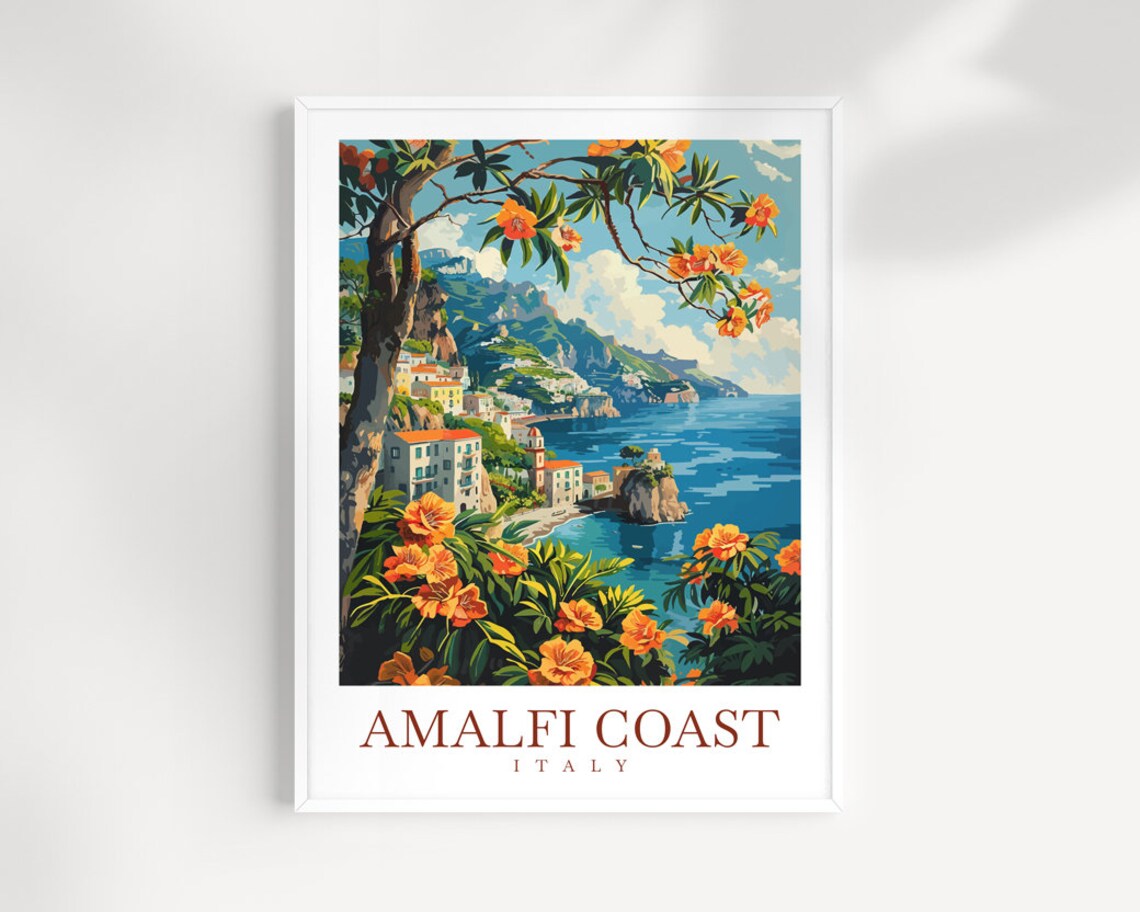 Amalfi Coast Italy Cliffside Village Sea Flowers Travel Wall Art