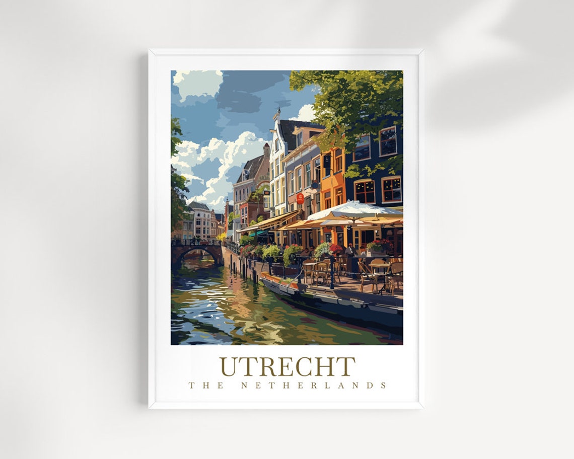 Utrecht Netherlands Canal Wharfside Terrace Sunny Cafe Travel Poster