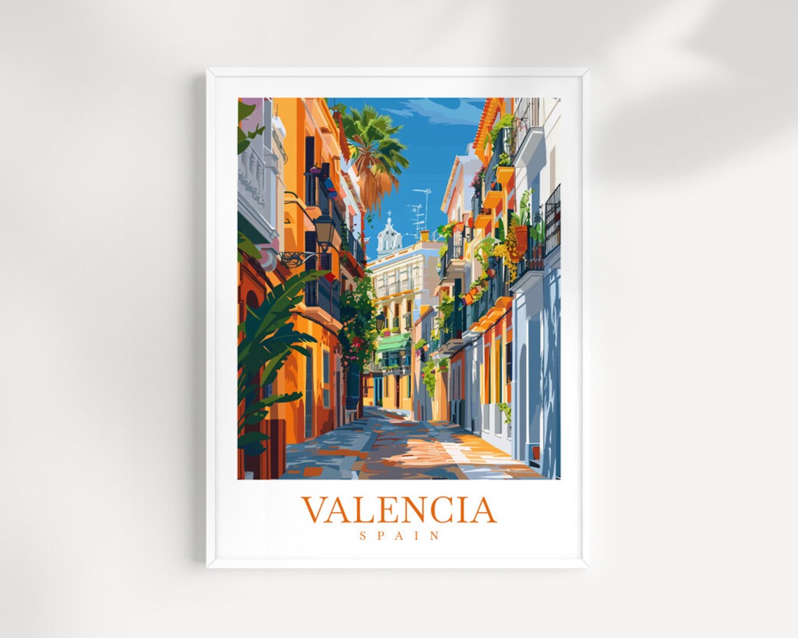 Valencia Spain Colorful Balcony Street Palm Church Tower Poster