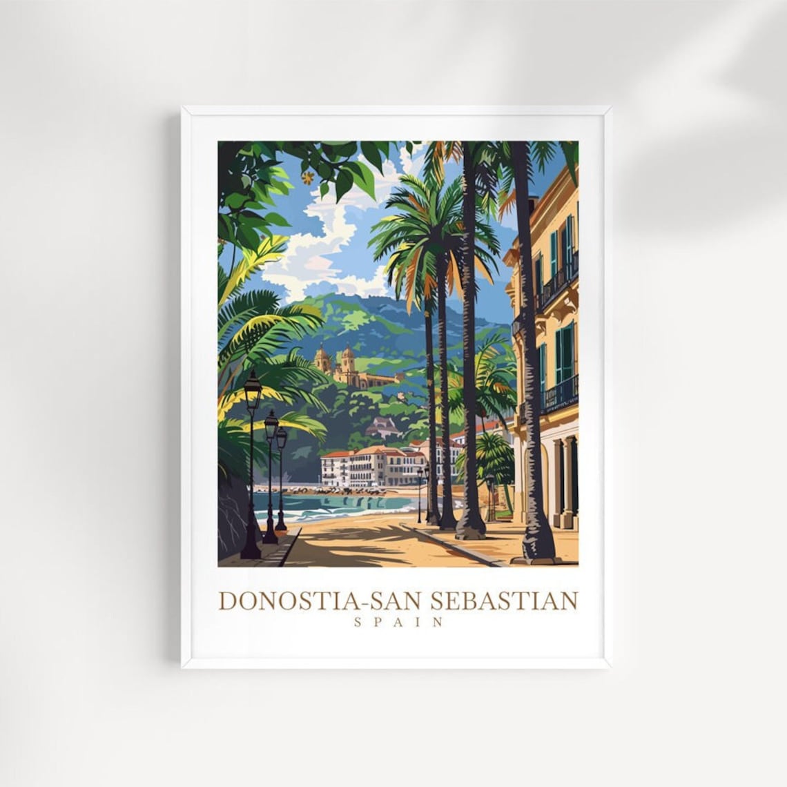 Donostia San Sebastian Spain Palm Promenade Beach Bay Travel Poster