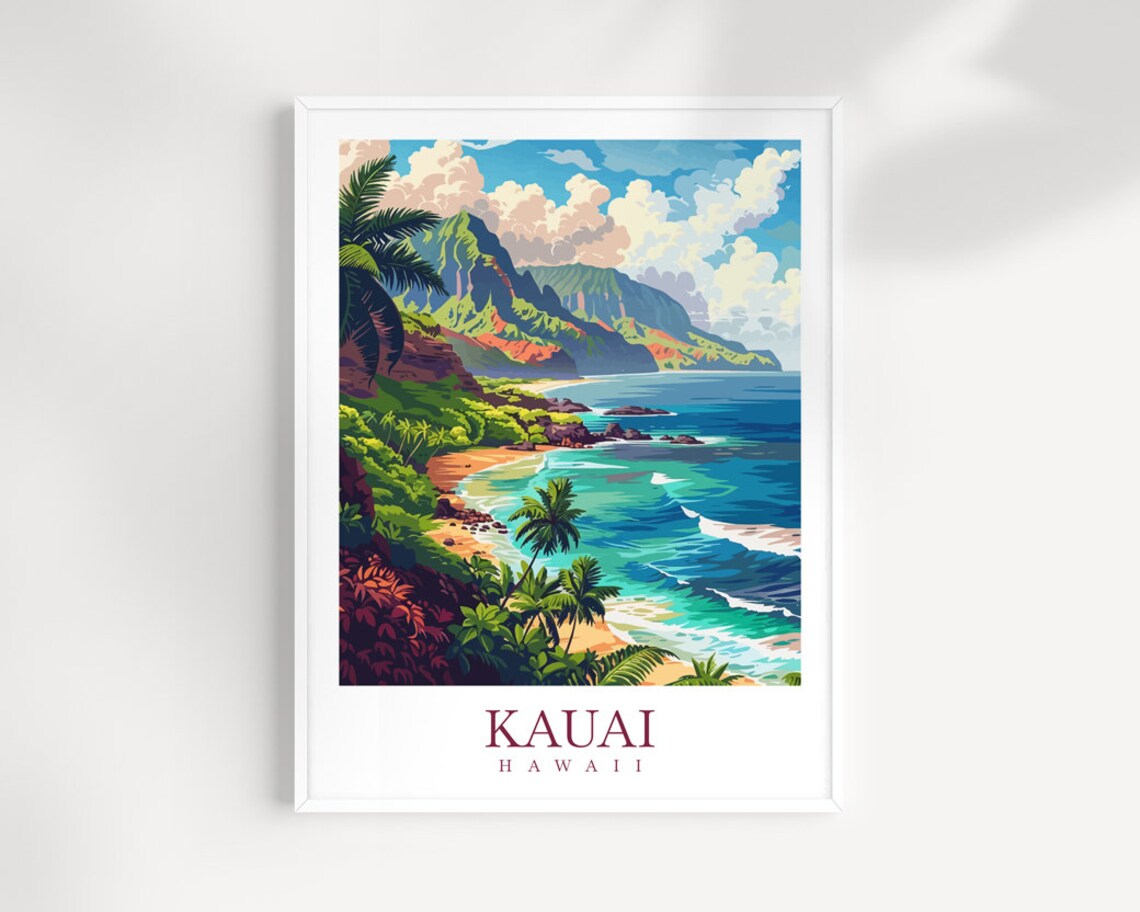 Kauai Hawaii Cliff Coast Beach Cove Palm Vintage Travel Poster