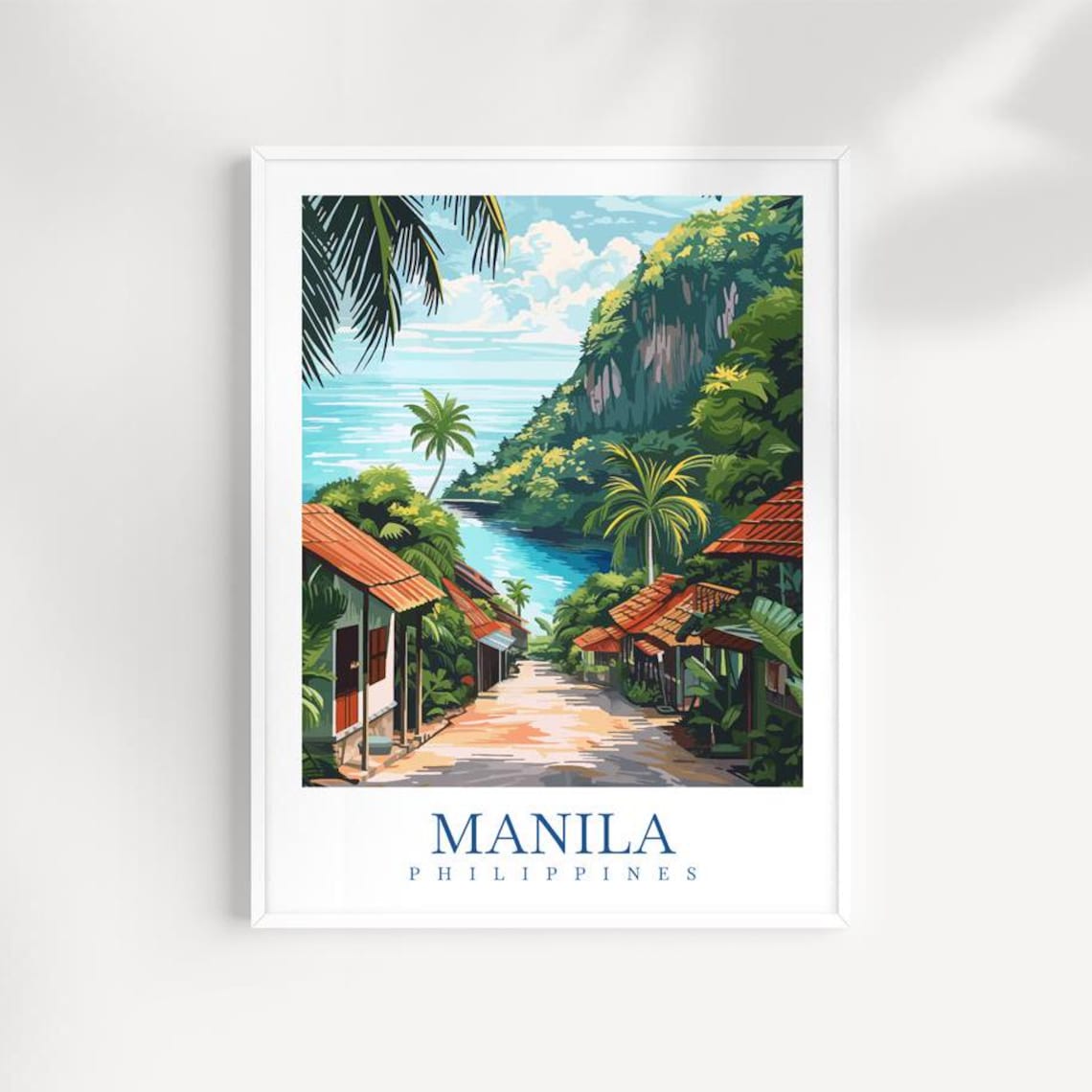 Manila Philippines Coastal Village Street Palm Trees Hillside Travel Poster
