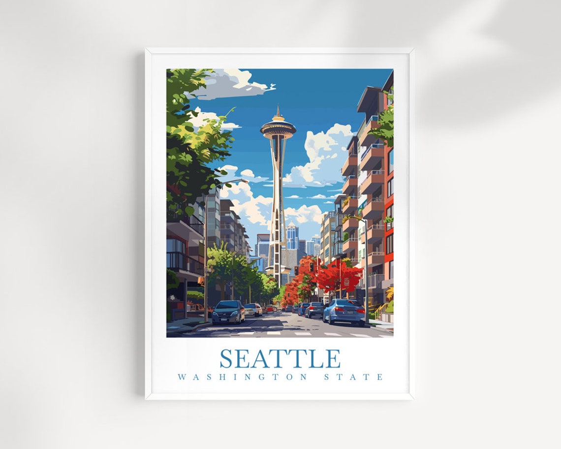 Seattle Space Needle Downtown Street Sunny Day Travel Wall Art