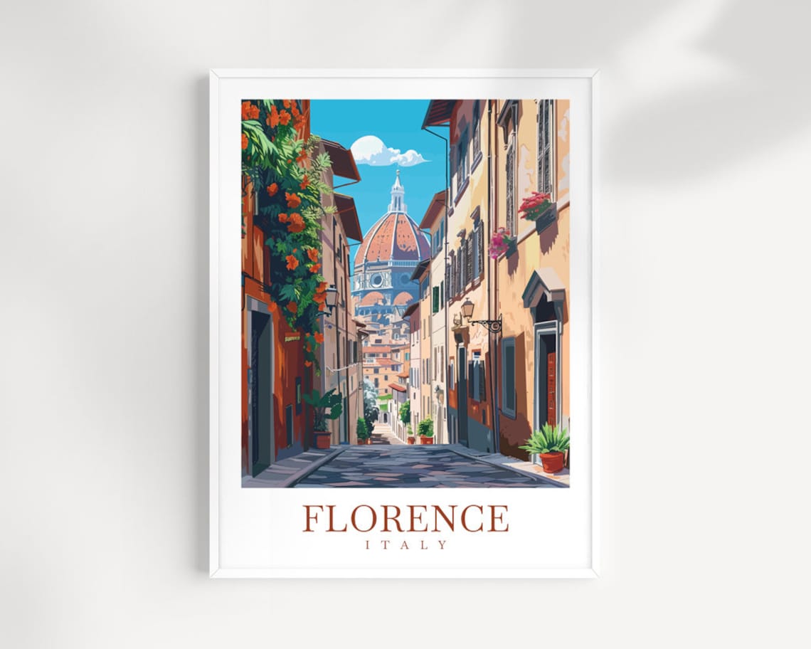 Florence Street View Of The Duomo With Flowers Italy Travel Poster