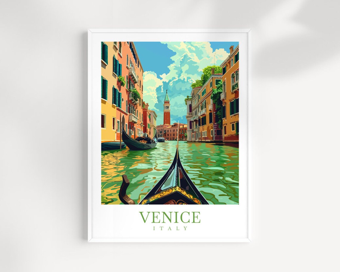 Venice Italy Gondola Canal Campanile Sunny Vintage Travel Poster