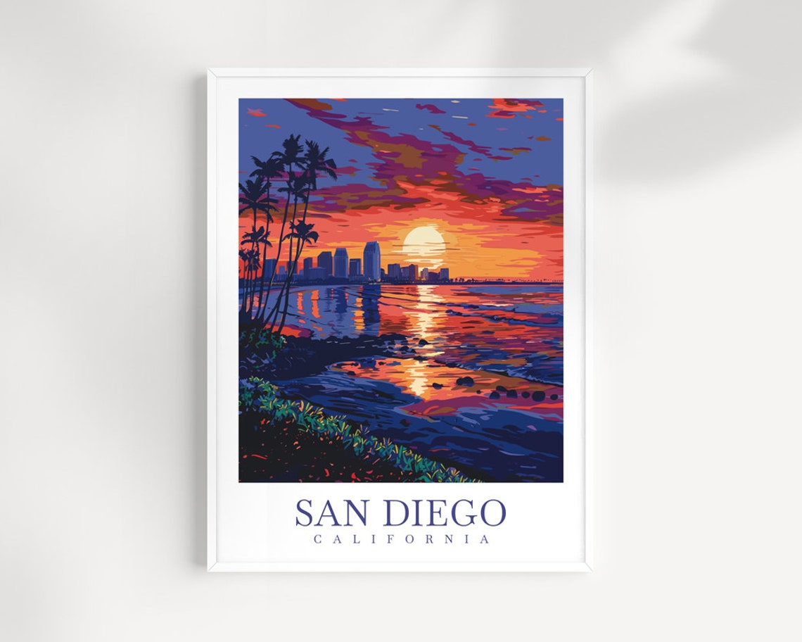 San Diego California Bay Sunset Skyline Silhouette Palms Poster