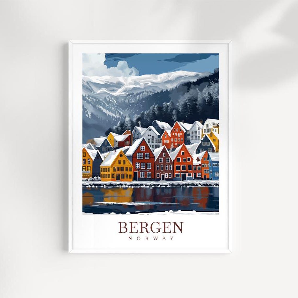 Bergen Norway Snowy Winter Cityscape Mountains Travel Poster