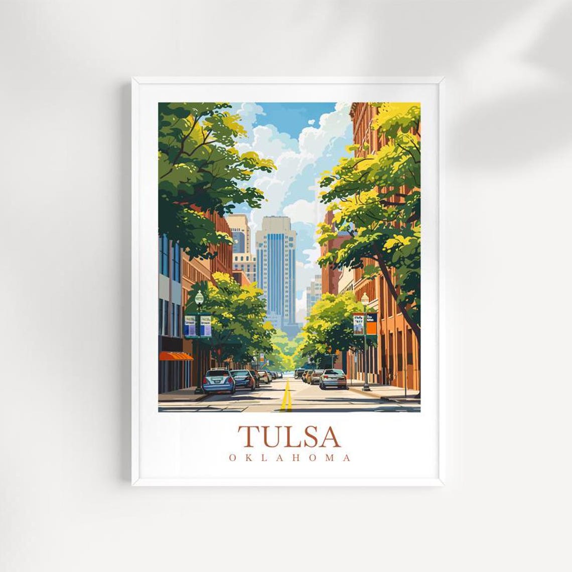Tulsa Oklahoma Sunny Green Tree Lined Downtown Street Poster