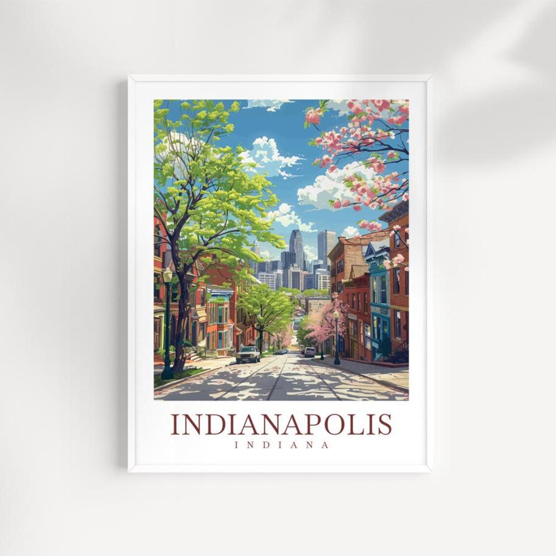 Indianapolis Indiana Tree Lined Street Spring Bloom Vintage Travel Poster