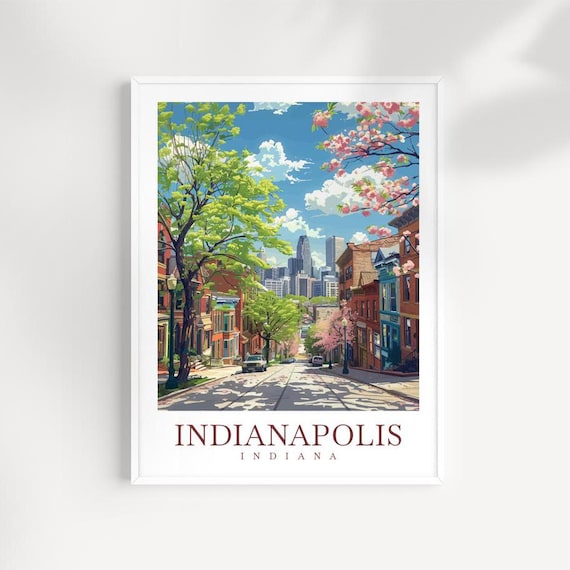 Indianapolis Indiana Tree Lined Street Spring Bloom Vintage Travel Poster