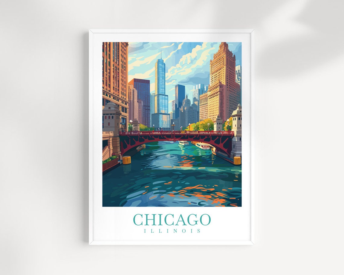 Bright Chicago Illinois River and Downtown Skyline View Art Print