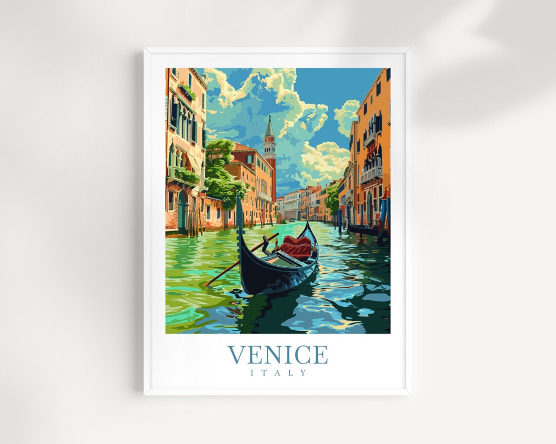 Venice Italy Gondola Canal Campanile Sunset Vintage Travel Poster