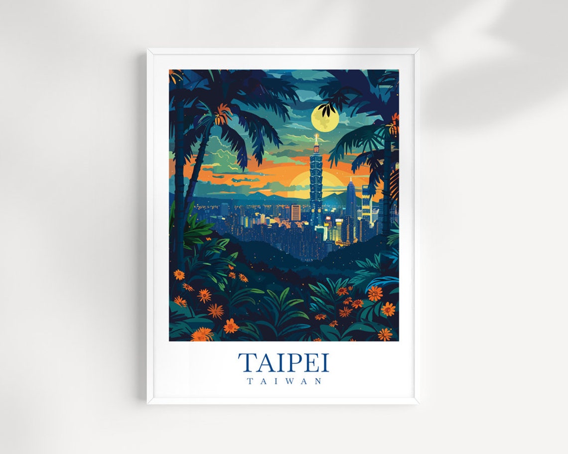 Taipei Taiwan Night Skyline Taipei 101 Tower Moon Art Poster