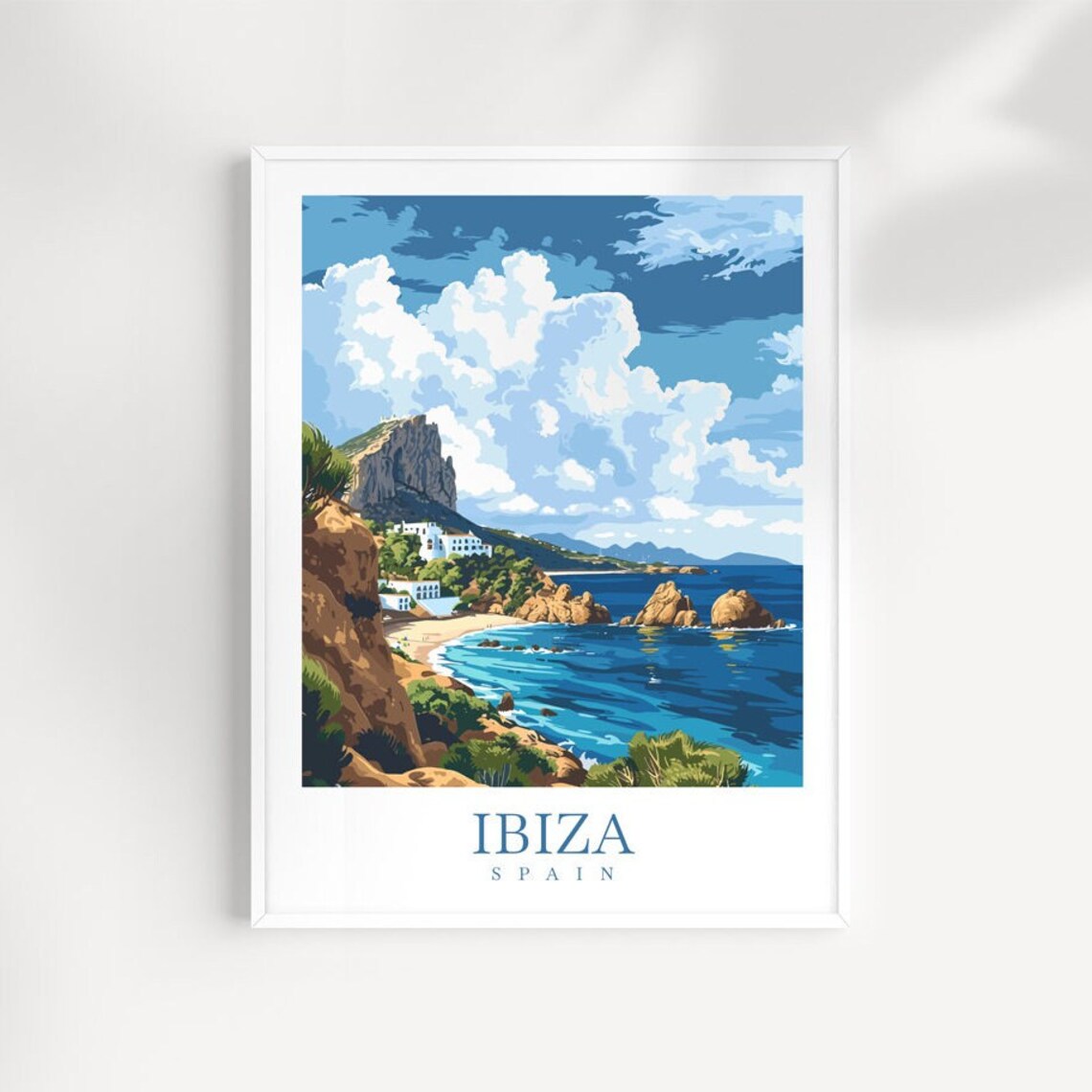 Ibiza Spain Rocky Cove Beach Cliffs White Houses Travel Poster