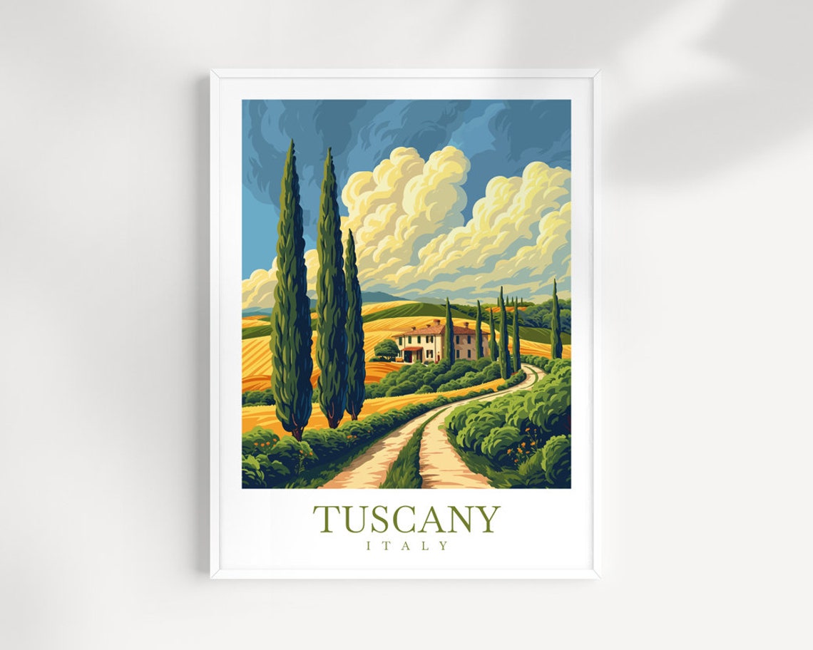 Tuscany Italy Stone Villa Rolling Golden Hills Travel Poster