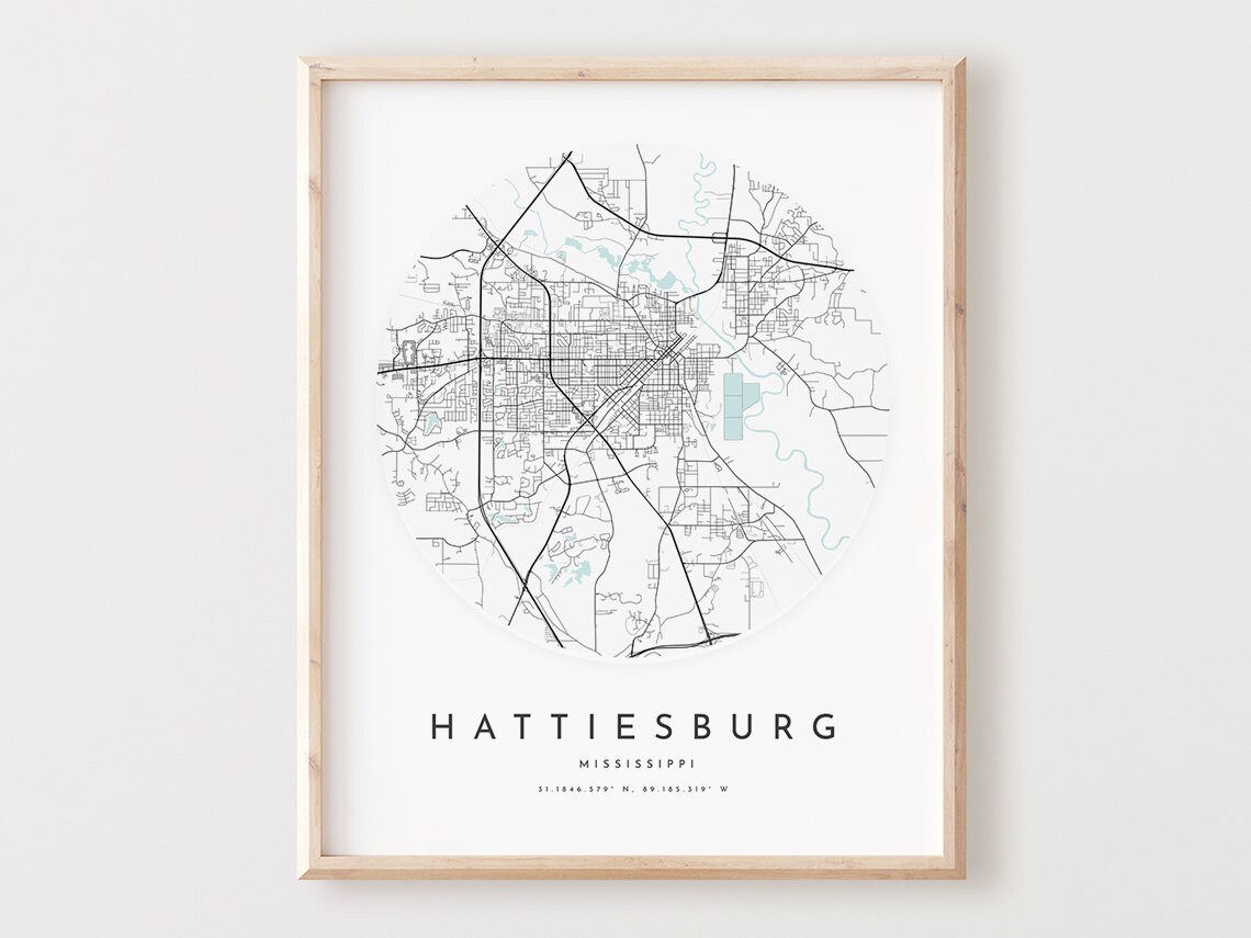 Hattiesburg Mississippi Map Print City Street Art