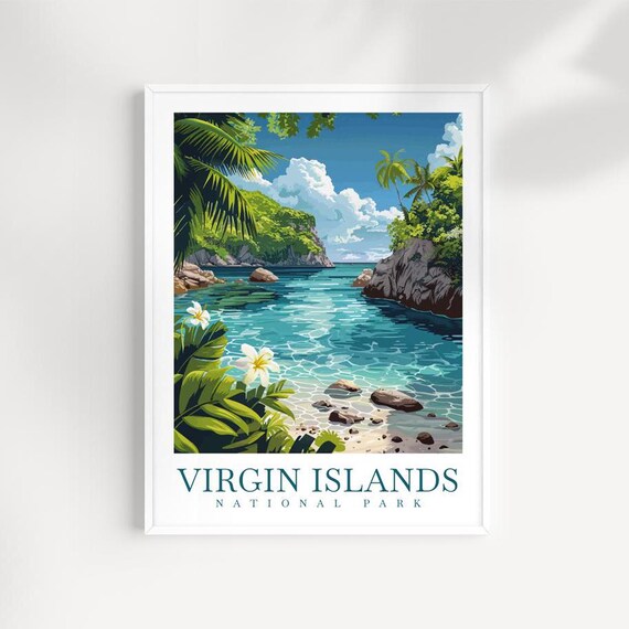 Virgin Islands National Park Turquoise Cove Flowers Lush Bay Travel Poster
