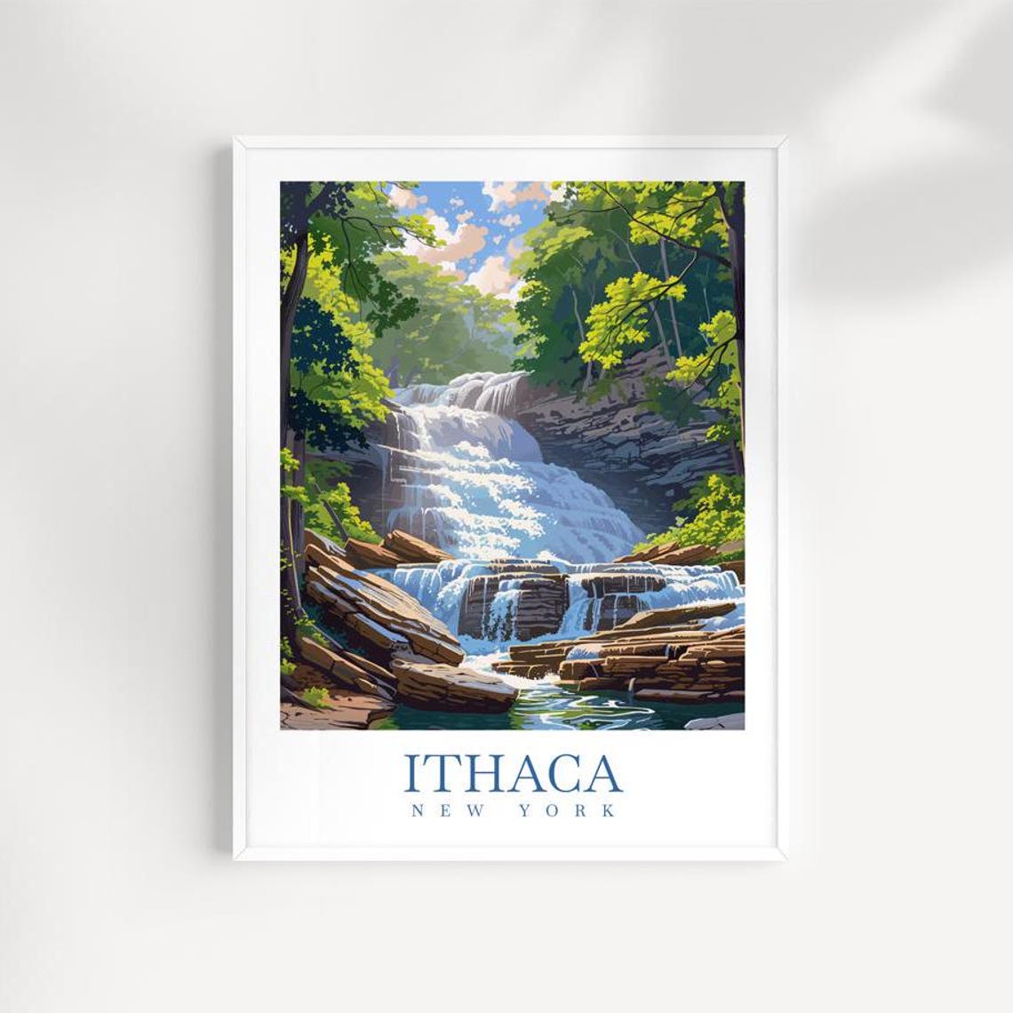 Ithaca New York Cascading Waterfall Forest Gorge Vintage Travel Poster