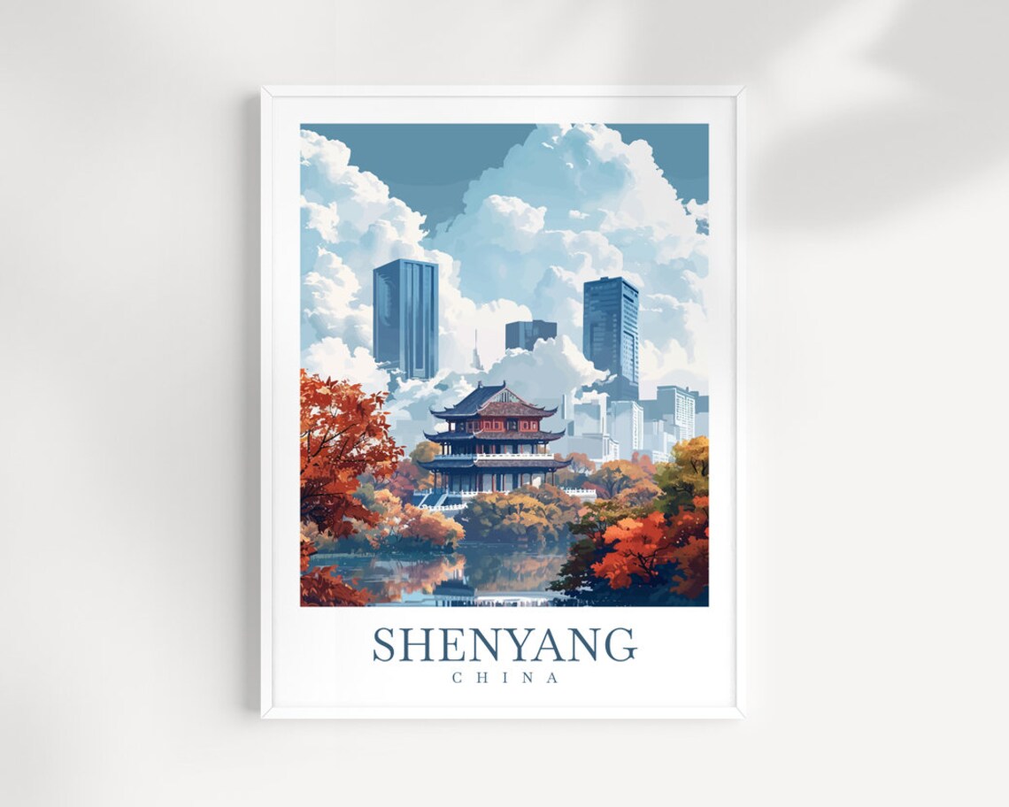 Shenyang China Pagoda Skyscrapers Autumn Lake Scenic Travel Poster