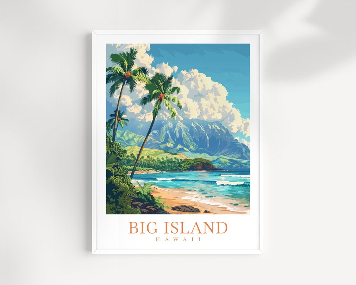 Big Island Hawaii Palm Beach Mountain Ocean Coast Travel Poster