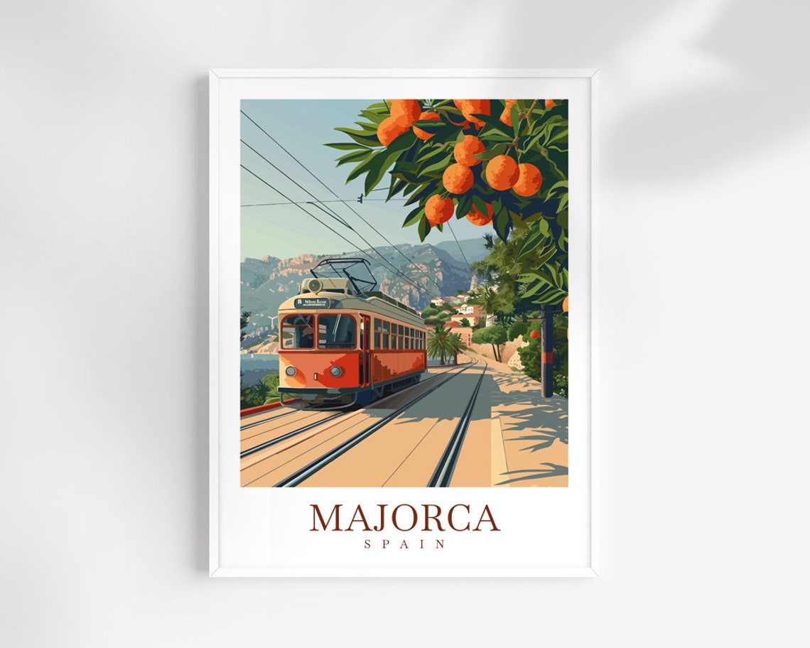 Majorca Spain Sunny Vintage Tram and Orange Grove Travel Poster