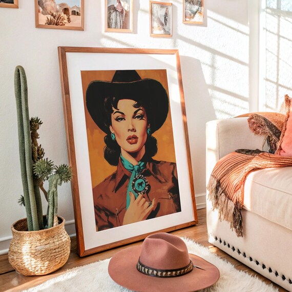 Vintage Cowgirl Portrait Turquoise Jewelry Retro Western Glamour Art Poster