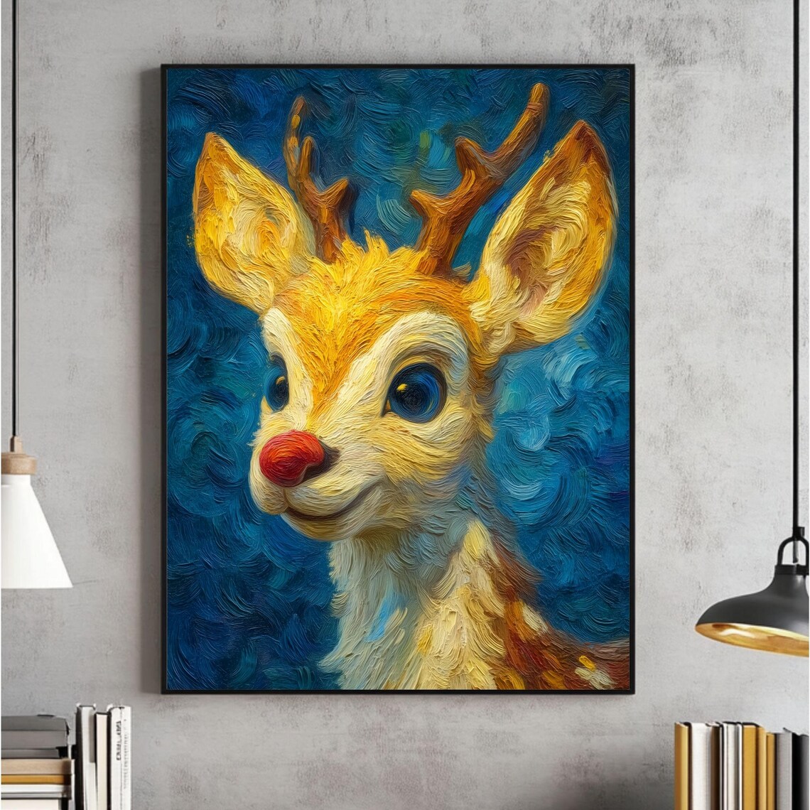 Cute Rudolph Red Nose Reindeer Impasto Christmas Painting Poster