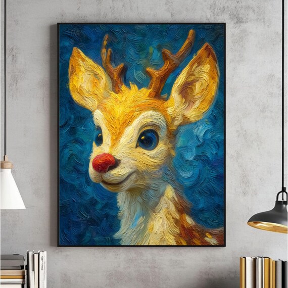 Rudolph Painting Reindeer Cute Wall Art Whimsical Deer Christmas Poster Red Nose Print Moody Vintage Rustic