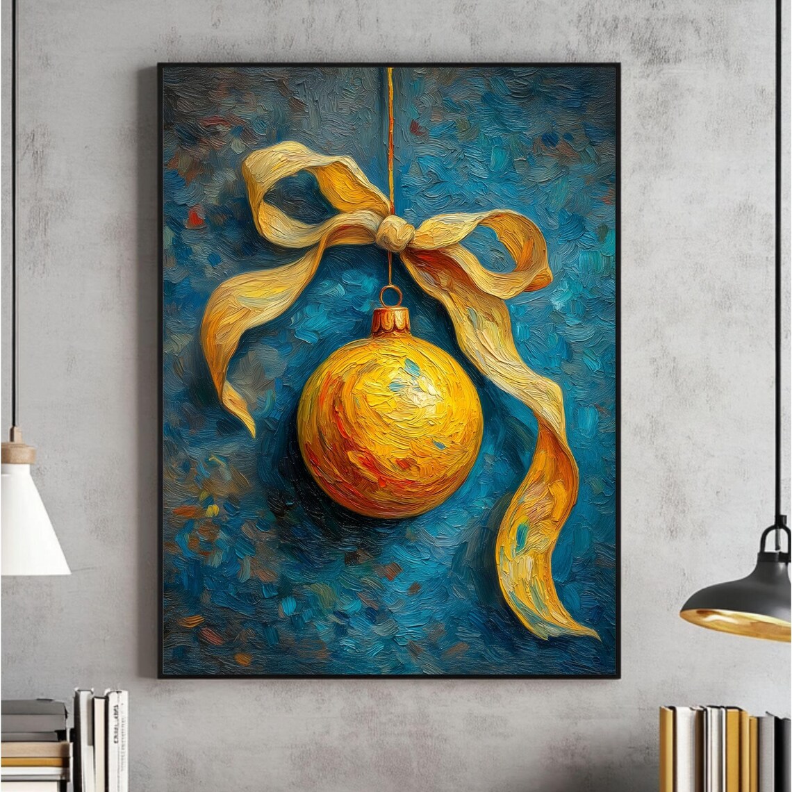Gold Christmas Ornament With Ribbon On Deep Blue Night Poster