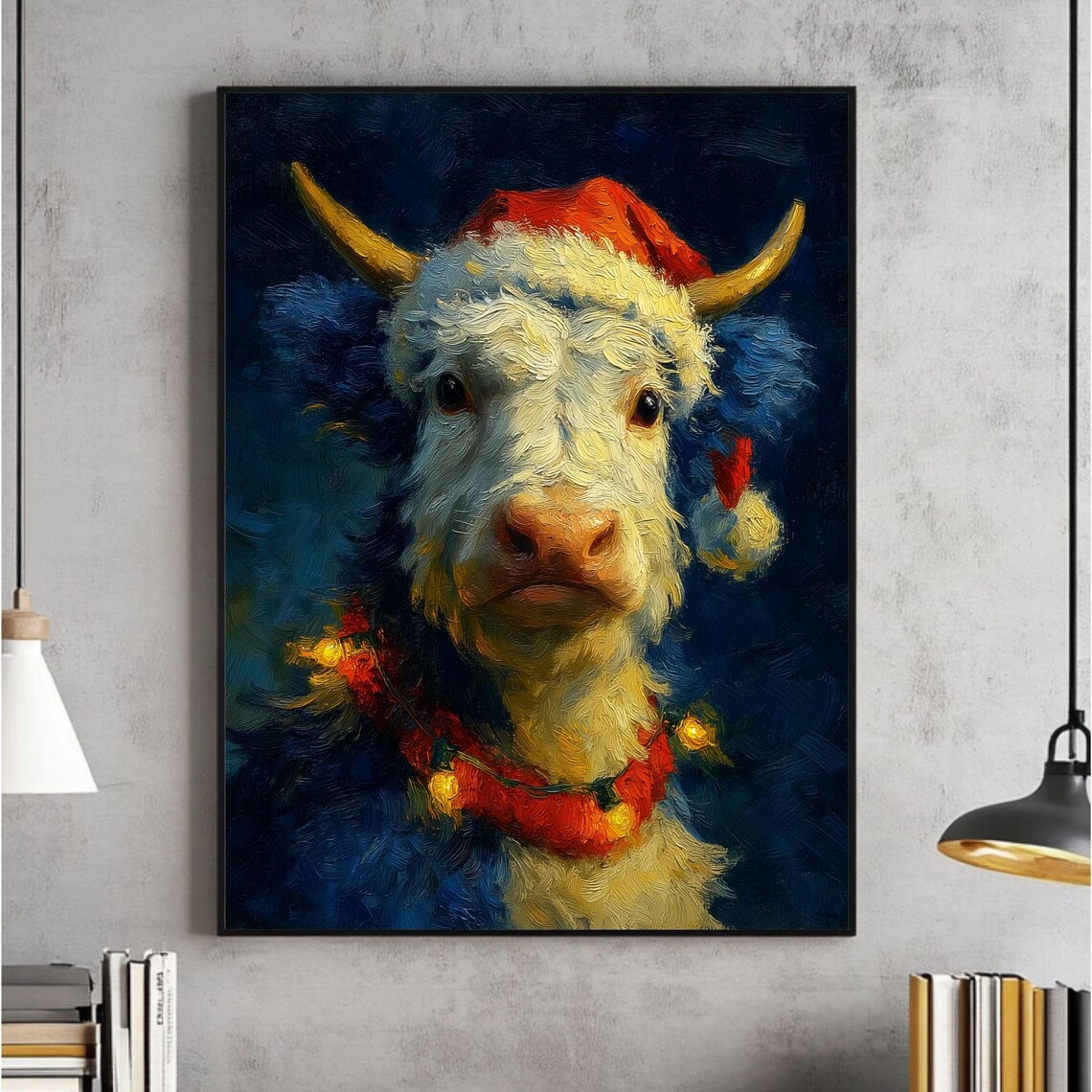 Highland Cow Santa Hat Christmas Lights Cute Farm Animal Poster